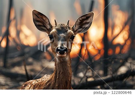 Deer escaping forest fire. Generative Ai image 122800646