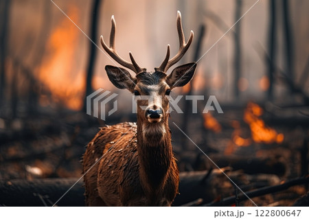 Deer escaping forest fire. Generative Ai image 122800647
