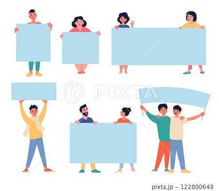 Men and women holding placards. Empty protesters for advertising, people on parade or demonstration. Blank poster, boys and girls showing boards. Cartoon flat isolated illustration. Vector set 122800648