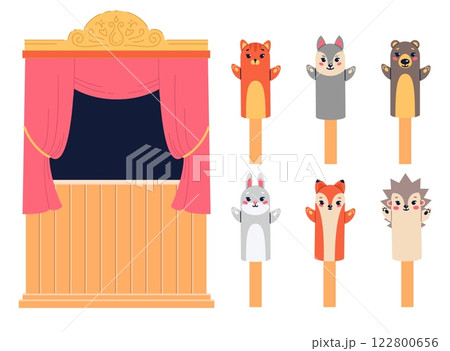 Puppet theater with set of animal toys Marionettes on fingers, backstage with curtains. Stage for entertainment performance. Childish event cartoon flat style isolated vector concept 122800656