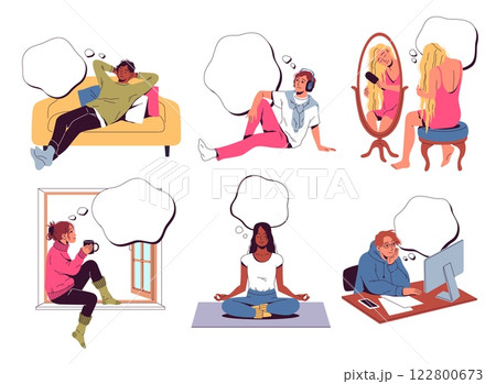 Set dreaming people. Men and women think, empty speech bubble, characters with thought cloud, person imagination, adult daydreaming, inspiration cartoon flat style isolated vector set 122800673
