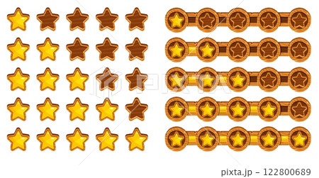 Set rating stars. Feedback bar. Wooden board, brown timber, customers opinion icon, quality button. Website ui, game menu interface panel collection. Cartoon flat isolated vector set Set rating stars. Feedback bar. Wooden board, brown timber, customers opinion icon, quality button. Website ui, game menu interface panel collection. Cartoon flat isolated vector set 122800689