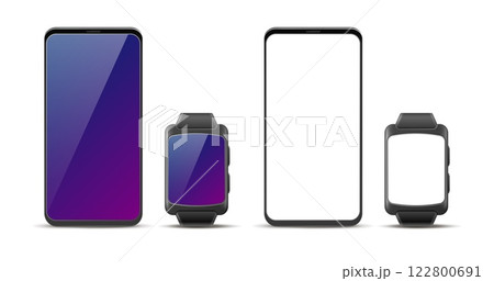 Smartphone and smartwatch layout. Realistic isolated smartphone and sport smartwatch. Empty white device screen, application mockup. 3d technology, wristband interface elements. Vector set 122800691