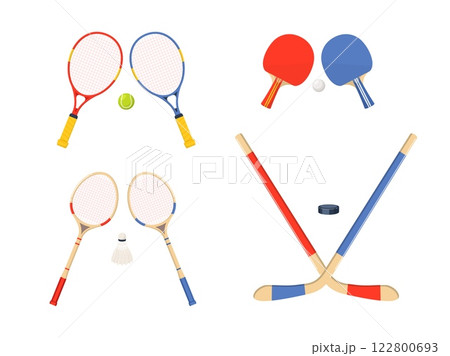 Sports equipment for tennis, badminton, table tennis, hockey. Sport games accessories. Different rackets and sticks, puck, shuttlecock and ball. Cartoon flat style isolated vector set 122800693