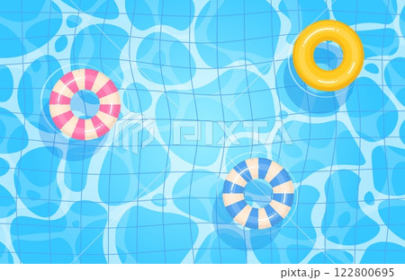 Summer water pool top view. Tubes float on waves. Frame with copy space for text. Background design. Swimming inflatable ring. Blue surface. Cartoon flat style isolated vector concept 122800695