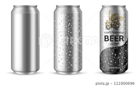 Tin can beer water drops. Realistic metal blank can for cold beverages, 500 ml packaging with water drops. Marketing branding mockup. Isolated elements for lemonade. Vector 3d concept Tin can beer water drops. Realistic metal blank can for cold beverages, 500 ml packaging with water drops. Marketing branding mockup. Isolated elements for lemonade. Vector 3d concept 122800696