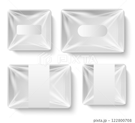 White tray for food packaging. Realistic package with transparent cellophane, blank label, square lunch or dinner box, 3d isolated elements top view. Empty product container. Vector concept White tray for food packaging. Realistic package with transparent cellophane, blank label, square lunch or dinner box, 3d isolated elements top view. Empty product container. Vector concept 122800708