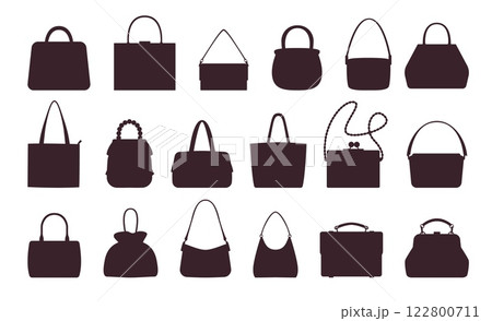Womens handbag silhouettes. Female accessories different forms and shapes, casual shopper, fashion clutch, contemporary bag, luxury shopping icons collection logo design vector flat isolated set 122800711