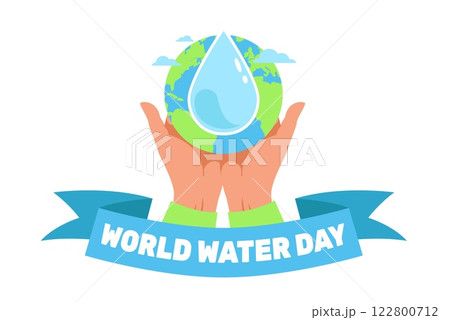 World Water Day. Hand hold droplet, planet earth in arms. Ecology poster design. Environmental care. Blue purity clean natural liquid. Cartoon flat style isolated vector eco concept 122800712