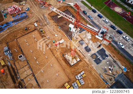 Construction site with cranes and foundations under construction, aerial view 122800745