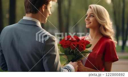 A man presents a woman with a red rose bouquet on a special day, symbolizing love, affection, and a heartfelt gesture of celebration and admiration. AI Generated 122800892