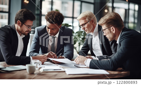 Business team members engaged in a discussion, strategizing and collaborating on a project to achieve specific goals, fostering teamwork and planning for success in their mission. AI Generated 122800893