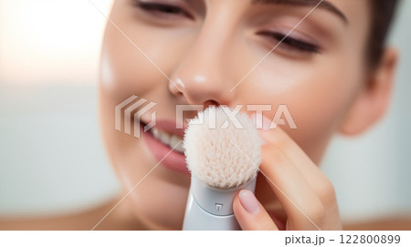 A woman using a cleansing brush to wash her face, ensuring freshness and maintaining her skins radiance, promoting healthy, glowing skin with every use. AI Generated 122800899