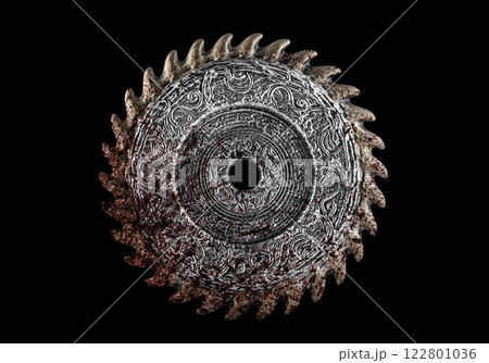 Old decorated metal saw blade in blood isolated on black background with cliping path Old decorated metal saw blade in blood isolated on black background with cliping path 122801036