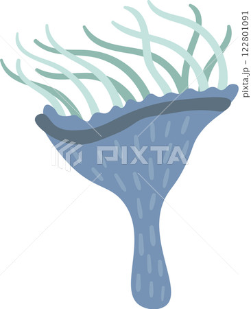 Cartoon illustration featuring a vibrant blue anemone gracefully spreading its tentacles, creating an enchanting underwater scene against a pristine white backdrop 122801091