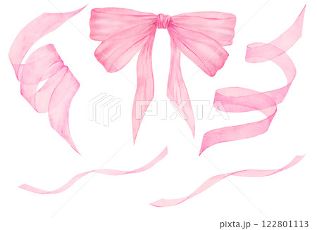 Set of ink watercolor hand drawn ribbons with elegant flowing movement. A perfect addition to wedding invitations, greeting cards, scrapbooking, and packaging. Great for festive, feminine designs 122801113