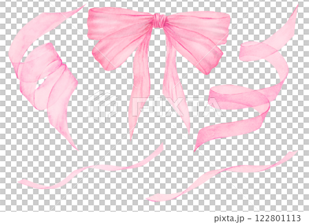 Set of ink watercolor hand drawn ribbons with elegant flowing movement. A perfect addition to wedding invitations, greeting cards, scrapbooking, and packaging. Great for festive, feminine designs 122801113