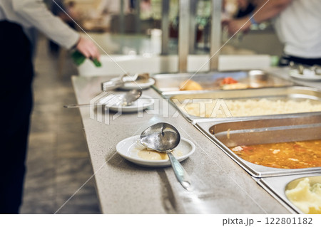 Buffet service at the hotel. There is a hot side dish in the containers. Offering self-service options, ideal for creating a copyspace image. High quality photo Buffet service at the hotel. There is a hot side dish in the containers. Offering self-service options, ideal for creating a copyspace image. High quality photo 122801182