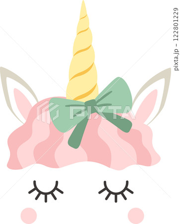 Pink unicorn head with closed eyes and wavy hair, adorned with a charming green bow, sleeping peacefully, creating a magical touch perfect for children s designs and illustrations 122801229