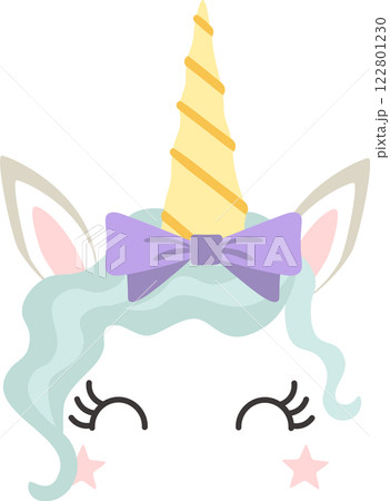 Cheerful unicorn face with a golden spiral horn, purple bow, mint green mane, closed eyes, long eyelashes, and pink stars, creating a magical and adorable design 122801230