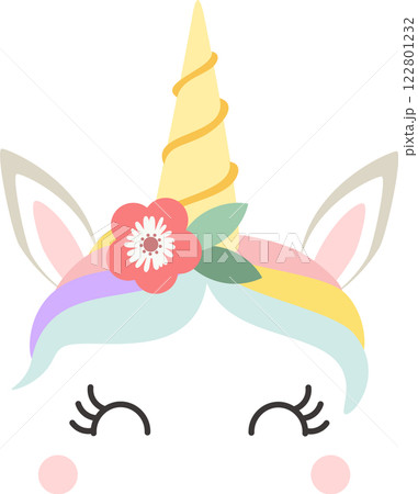 Magical unicorn face with rainbow colored mane, golden horn and a pink flower crown smiling sweetly with closed eyes, simple vector illustration for kids 122801232