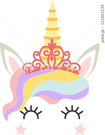 Colorful illustration of a unicorn face with rainbow hair, golden horn, princess tiara crown, closed eyes and eyelashes, isolated on white background 122801234