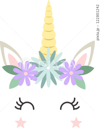 Winking unicorn face features closed eyes adorned with long eyelashes, a shimmering golden horn, playful pink ears, and surrounded by purple and light blue flowers along with pastel pink stars Winking unicorn face features closed eyes adorned with long eyelashes, a shimmering golden horn, playful pink ears, and surrounded by purple and light blue flowers along with pastel pink stars 122801242