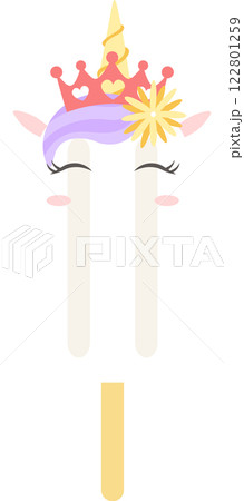Adorable unicorn popsicle with closed eyes, wearing a crown and flower, brings a touch of magic to a hot summer day, perfect for kids and unicorn lovers 122801259