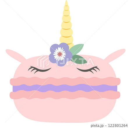 Cute pink macaron featuring a whimsical unicorn horn and delicate flower, sleeping peacefully with closed eyes and soft purple filling, isolated against a clean white background Cute pink macaron featuring a whimsical unicorn horn and delicate flower, sleeping peacefully with closed eyes and soft purple filling, isolated against a clean white background 122801264