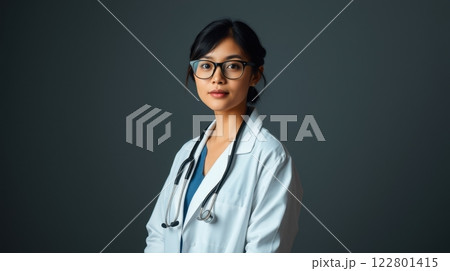 portrait of a woman doctor on solid background 122801415