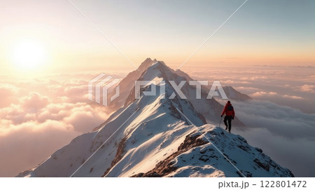 A lone hiker on snowy mountain at sunset 122801472