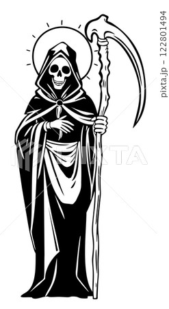 Death reaper. Monochrome vector illustratiion of death with Death with scythe. Holy Death. Santa muerte Death reaper. Monochrome vector illustratiion of death with Death with scythe. Holy Death. Santa muerte 122801494