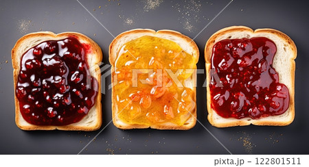 Fresh toast bread with different jams. Top view, flat lay. Generative Ai 122801511