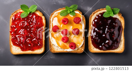 Fresh bread slices with different jams. Top view, flat lay. Generative Ai 122801513