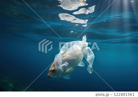 Plastic pollution in the oceans. Fish wrapped in plastic bag. Preserve marin life and ecology concept. Generative Ai Plastic pollution in the oceans. Fish wrapped in plastic bag. Preserve marin life and ecology concept. Generative Ai 122801561