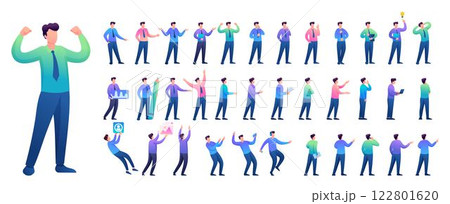 Set of Young Man. Presentation in various in various poses and actions. 2D Flat character vector illustration N1 122801620