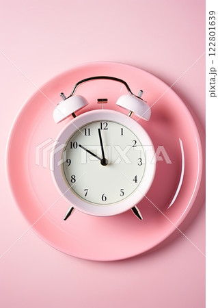 Clock on a plate. Fasting diet for weight loss and well being. Healthy eating. Generative Ai 122801639