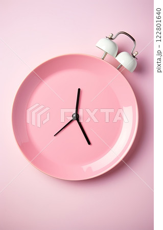 Clock on a plate. Fasting diet for weight loss and well being. Healthy eating. Generative Ai 122801640