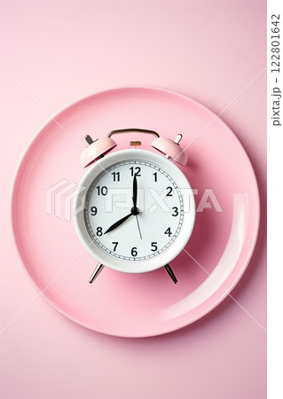 Clock on a plate. Fasting diet for weight loss and well being. Healthy eating. Generative Ai 122801642
