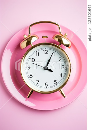 Clock on a plate. Fasting diet for weight loss and well being. Healthy eating. Generative Ai 122801643