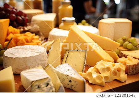 Variety of Cheese in the store. Generative Ai 122801645