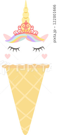 Whimsical illustration featuring a sleeping unicorn ice cream, complete with a crown, rainbow colored hair, and closed eyes, evokes a sense of childlike wonder and magic 122801666