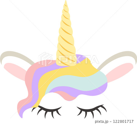 Pastel colored unicorn face featuring closed eyes, a vibrant rainbow mane, and a shimmering golden horn, creating a whimsical and magical design perfect for children s products 122801717