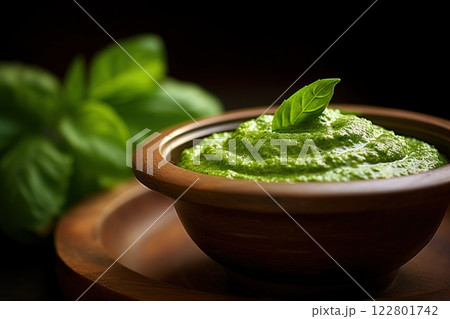 Pesto sauce in a bowl decorated with basil leaves. Generative Ai Pesto sauce in a bowl decorated with basil leaves. Generative Ai 122801742