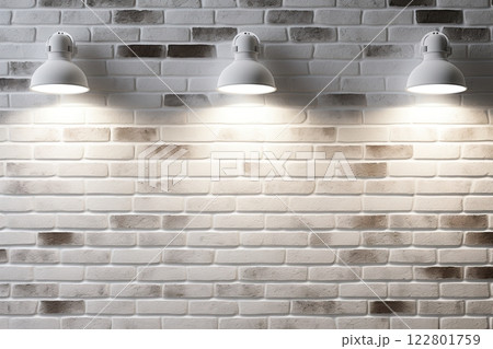 Spotlights on the white brick wall. Empty space for image, photograph, design. Generative Ai 122801759