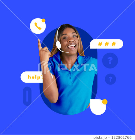 Creative art design. Woman wearing white headset, smiling, pointing upwards, surrounded by call and chat icons, symbolizing energetic customer support. 122801766