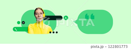 Creative art design. Woman in headset, surprised expression, surrounded by digital chat elements, symbolizing unexpected customer service situation. 122801773