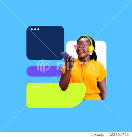 Contemporary art collage. Woman in yellow headset, holding phone, speaking, surrounded by chat elements, representing professional online communication. 122801796