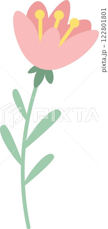 Pink flower with yellow pistils and green stem with leaves growing upwards, simple vector illustration of a beautiful plant representing spring, love, and nature Pink flower with yellow pistils and green stem with leaves growing upwards, simple vector illustration of a beautiful plant representing spring, love, and nature 122801801