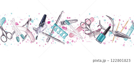 Hand painted manicure tools on watercolor colored stains horizontal seamless banner. Buffer, pusher, clippers, brush, cuticle scissors, emery board. Cosmetic instruments in pink, turquoise colors. 122801823